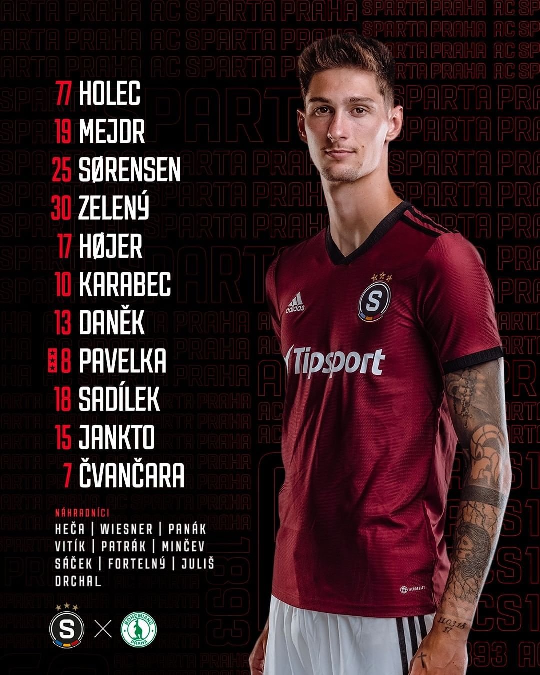 1️⃣1️⃣ SESTAVA | V této sestavě nastoupíme do zápasu proti Bohemians ? 

ℹ️ Ze zdravotních důvodů nejsou k utkání připraveni Haraslín, LK37, Čelůstka, Pešek, Vindheim a Vorel. Kvůli disciplinárnímu trestu chybí Kuchta. #acsparta